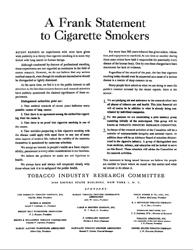 Big Tobacco cancer cover-up A Frank Statement to Cigarette Smokers 1954 tobacco industry advertisement